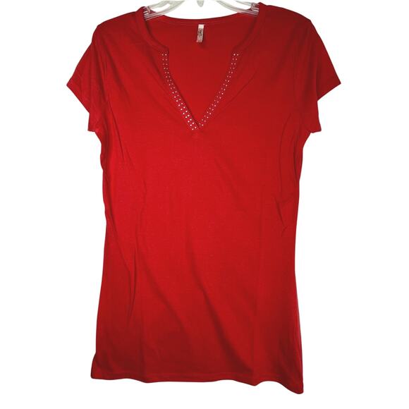 Rue 21 Tops - Rue 21 V-neck rhinestone embellished T-shirt in red, size XL juniors, EUC